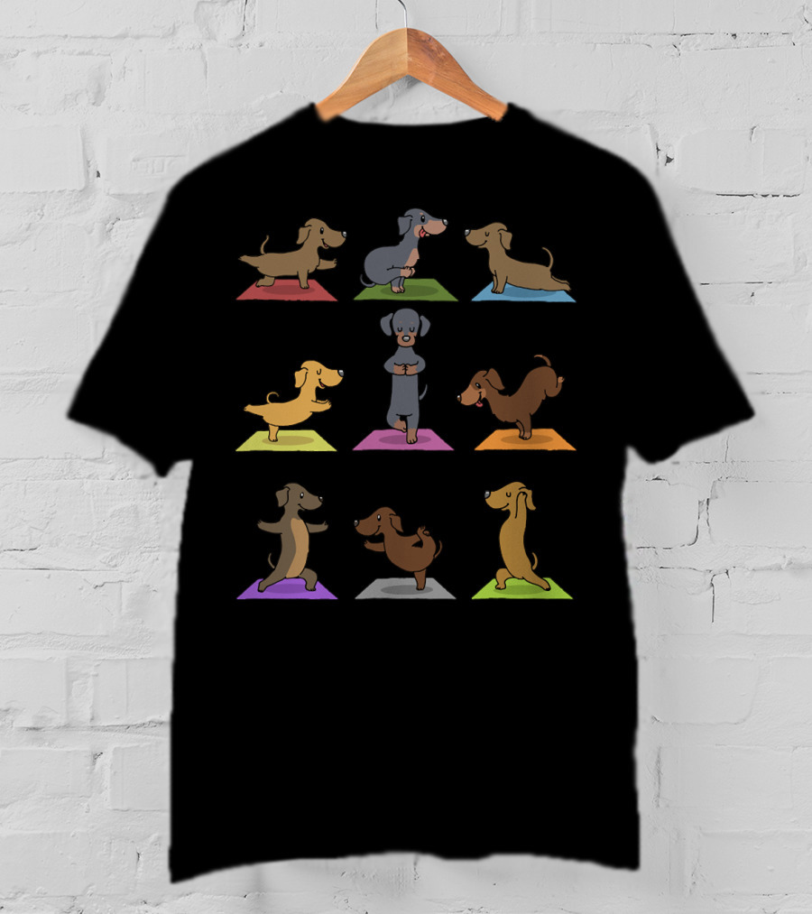 Dachshund Yoga Funny Dachshund Poses On Colorful Mats 227 T-Shirt