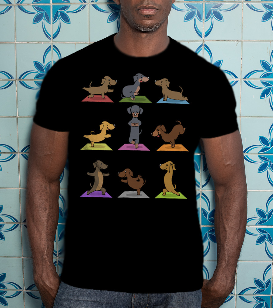 Dachshund Yoga Funny Dachshund Poses On Colorful Mats 227 T-Shirt
