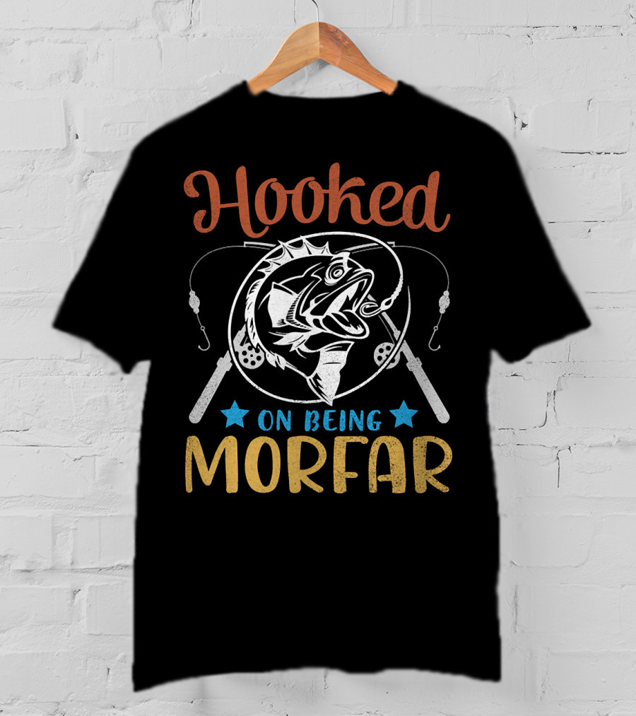 Hooked On Being Morfar Happy Fisher Grandpa 186 Fishing Rods And Stars T-Shirt