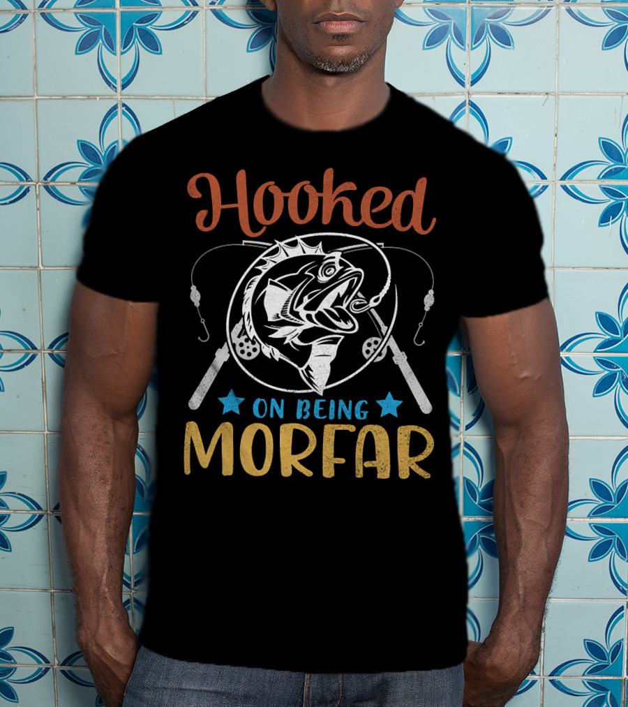 Hooked On Being Morfar Happy Fisher Grandpa 186 Fishing Rods And Stars T-Shirt