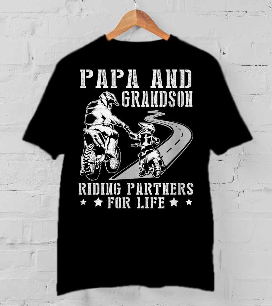 Papa And Grandson Riding Partners For Life Happy Motor Rider Road Adventure T-Shirt