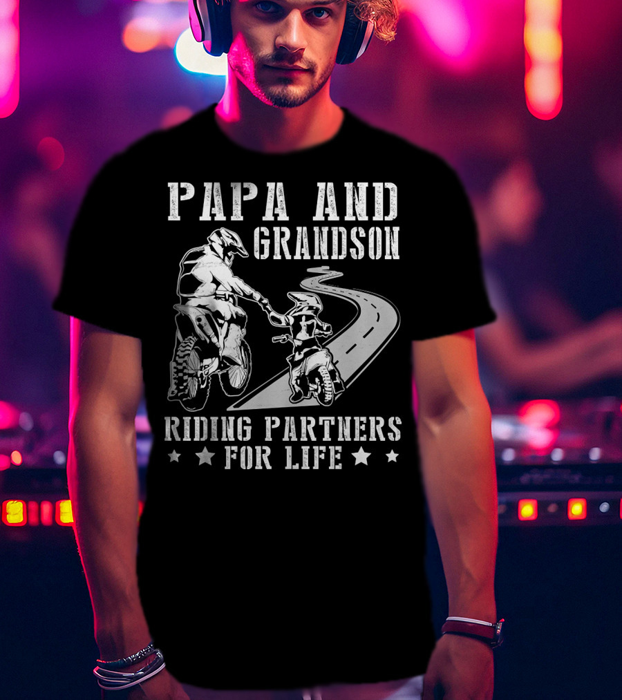 Papa And Grandson Riding Partners For Life Happy Motor Rider Road Adventure T-Shirt