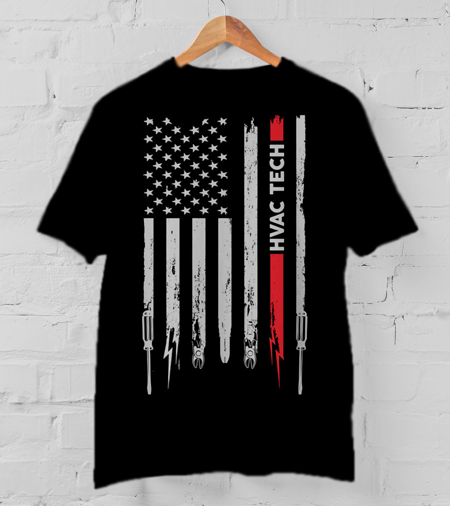 American Flag HVAC Tech Pride With Tools And Lightning 212 T-Shirt