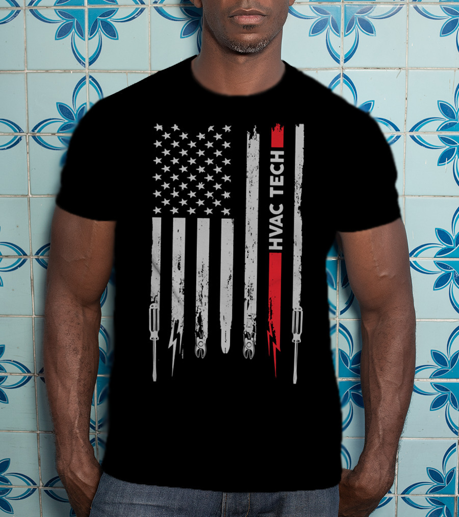 American Flag HVAC Tech Pride With Tools And Lightning 212 T-Shirt