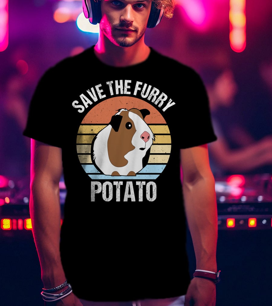Save The Furry Potato Funny Guinea Pig Retro Sunset 181 T-Shirt