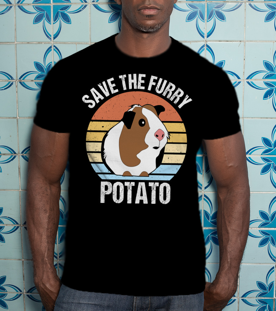 Save The Furry Potato Funny Guinea Pig Retro Sunset 181 T-Shirt