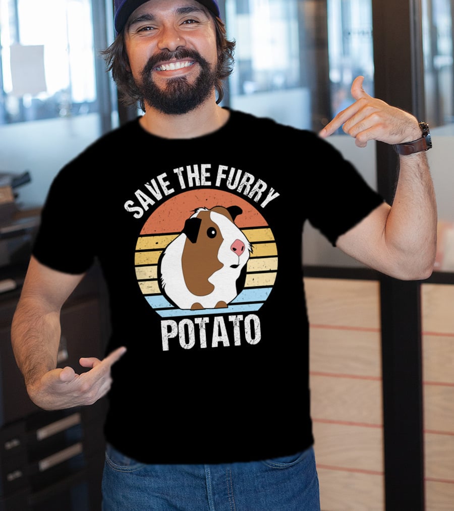 Save The Furry Potato Funny Guinea Pig Retro Sunset 181 T-Shirt