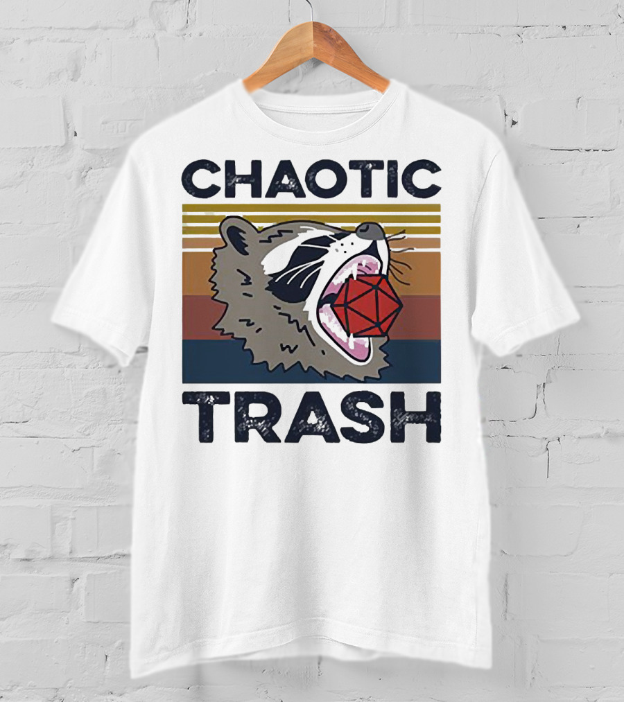 Chaotic Trash Game Raccoon D20 Dice Retro Stripes T-Shirt