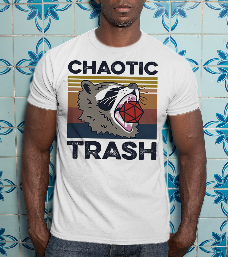 Chaotic Trash Game Raccoon D20 Dice Retro Stripes T-Shirt