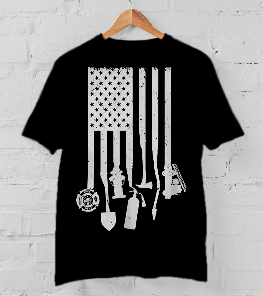 American Flag With Firefighter Tools And Veteran Badge Elements T-Shirt