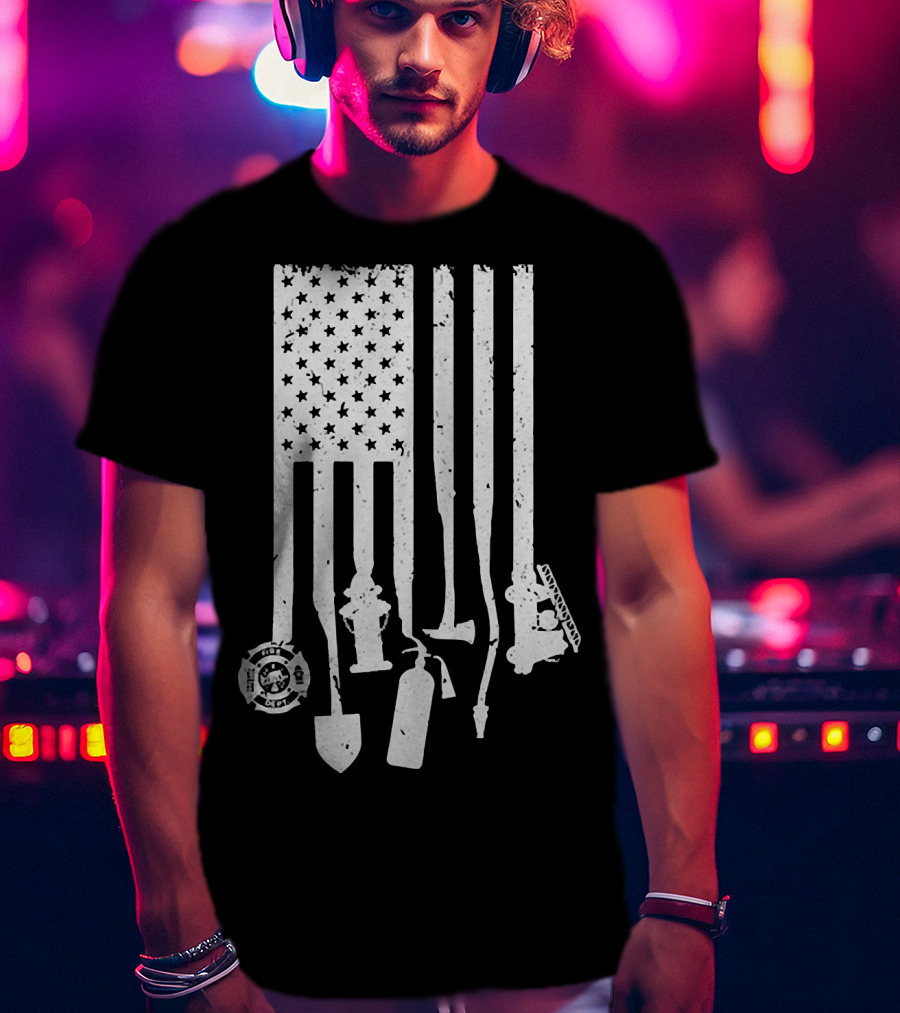 American Flag With Firefighter Tools And Veteran Badge Elements T-Shirt