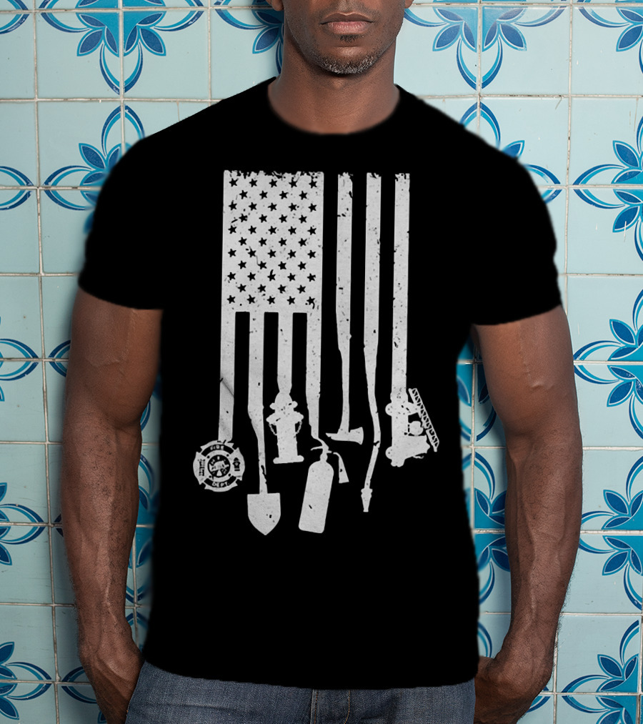American Flag With Firefighter Tools And Veteran Badge Elements T-Shirt