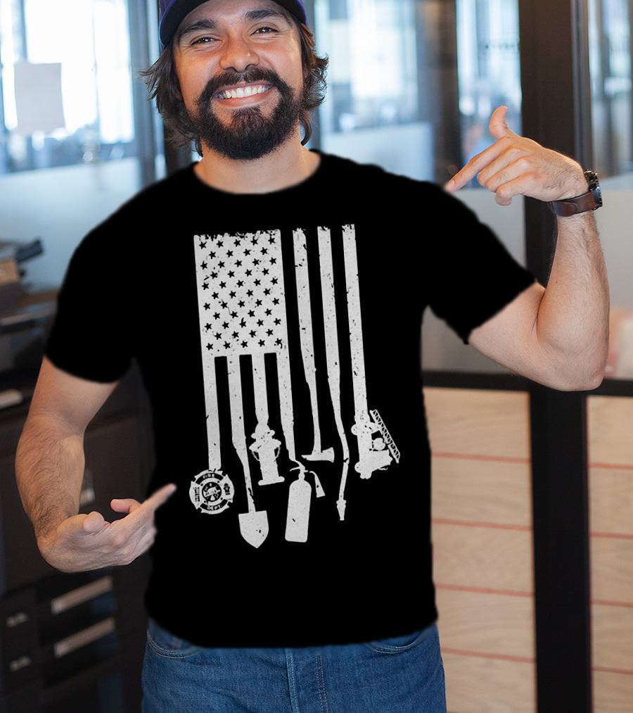 American Flag With Firefighter Tools And Veteran Badge Elements T-Shirt