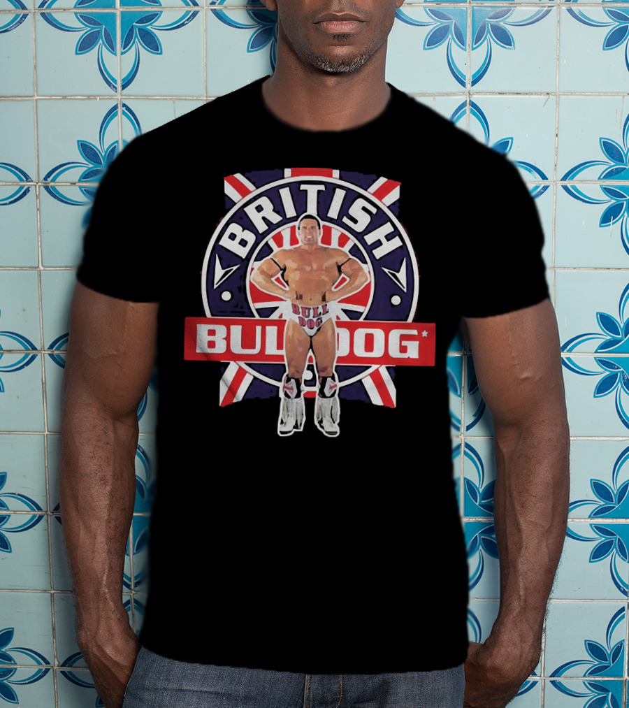 British Bulldog Wrestler With Union Jack Background T-Shirt