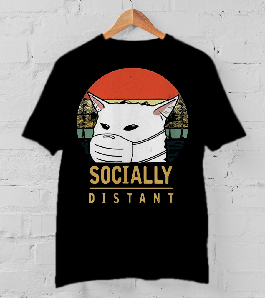 Socially Distant Cat White Masked Sunset T-Shirt