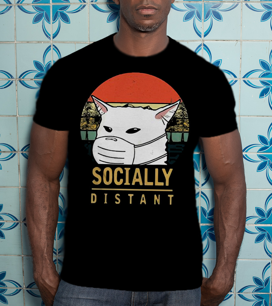 Socially Distant Cat White Masked Sunset T-Shirt