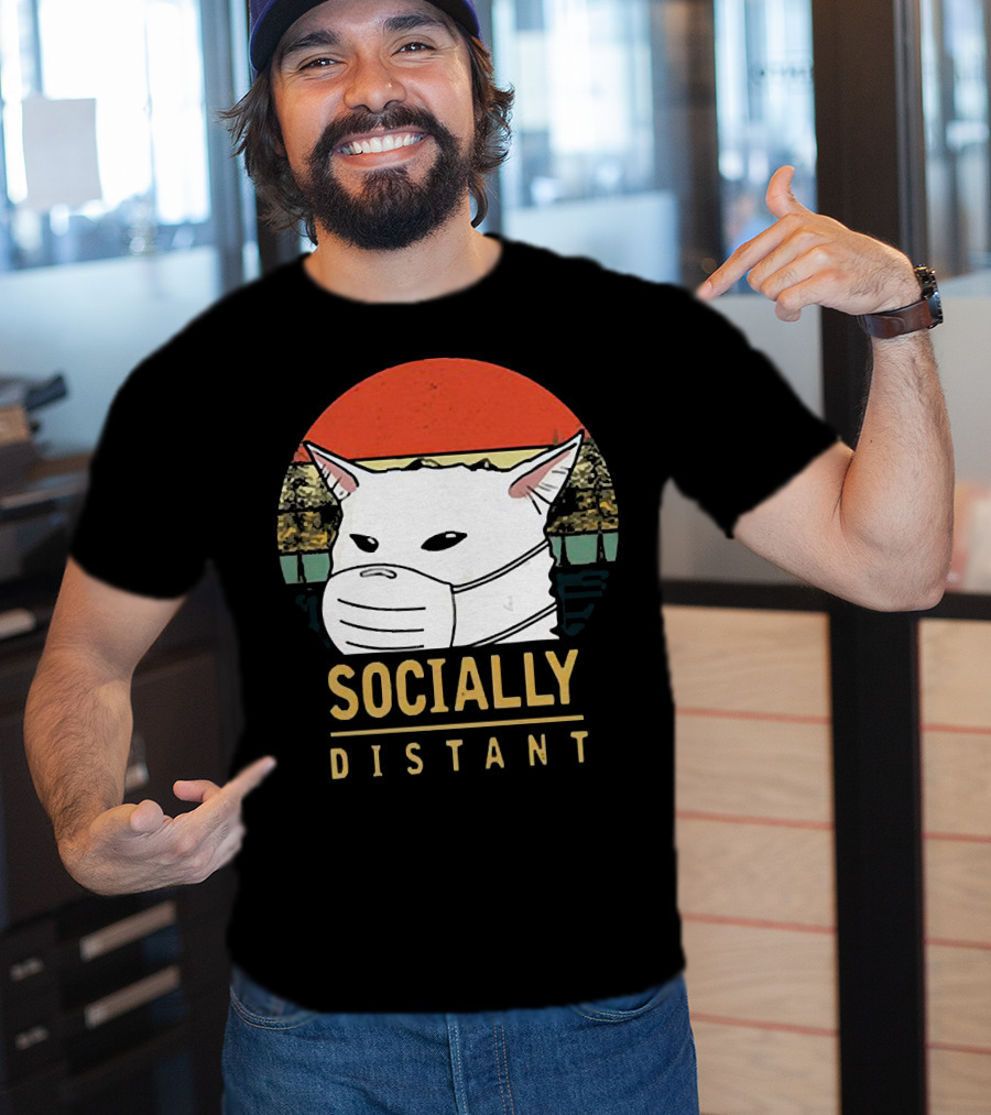 Socially Distant Cat White Masked Sunset T-Shirt