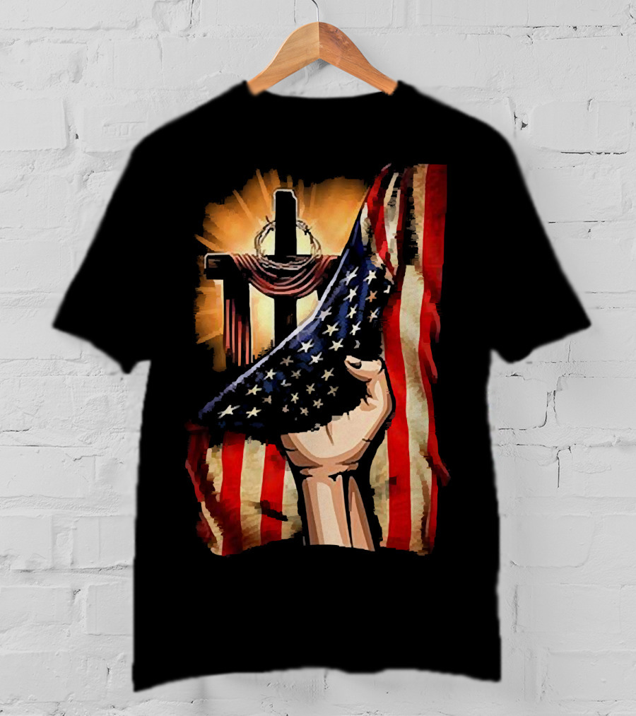 Jesus God American Flag Cross And Hand Inside Me T-Shirt