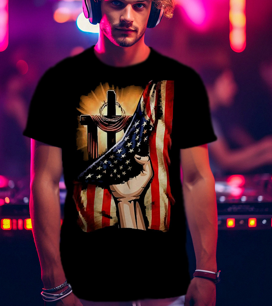 Jesus God American Flag Cross And Hand Inside Me T-Shirt