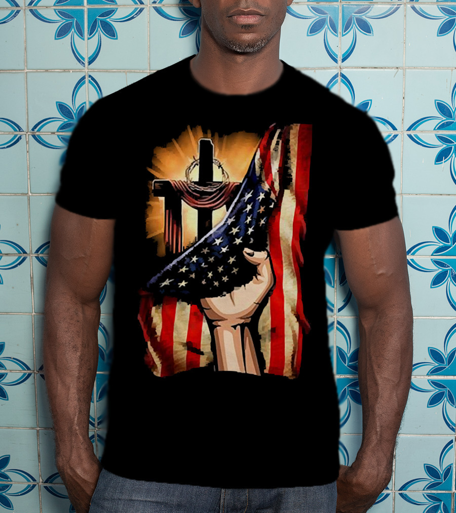 Jesus God American Flag Cross And Hand Inside Me T-Shirt