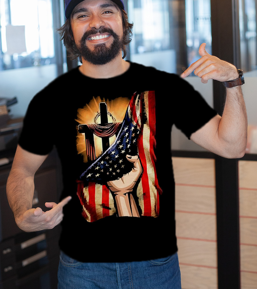 Jesus God American Flag Cross And Hand Inside Me T-Shirt