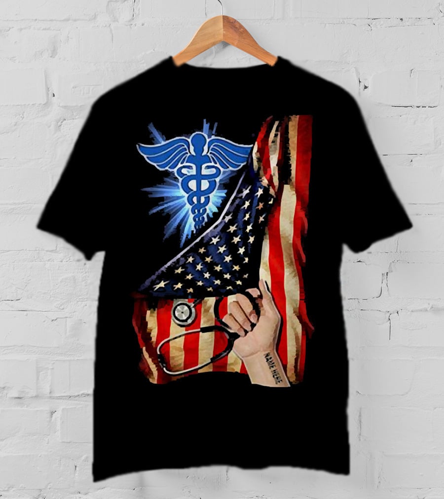 Nurse America Flag Caduceus Tattoo Stethoscope T-Shirt