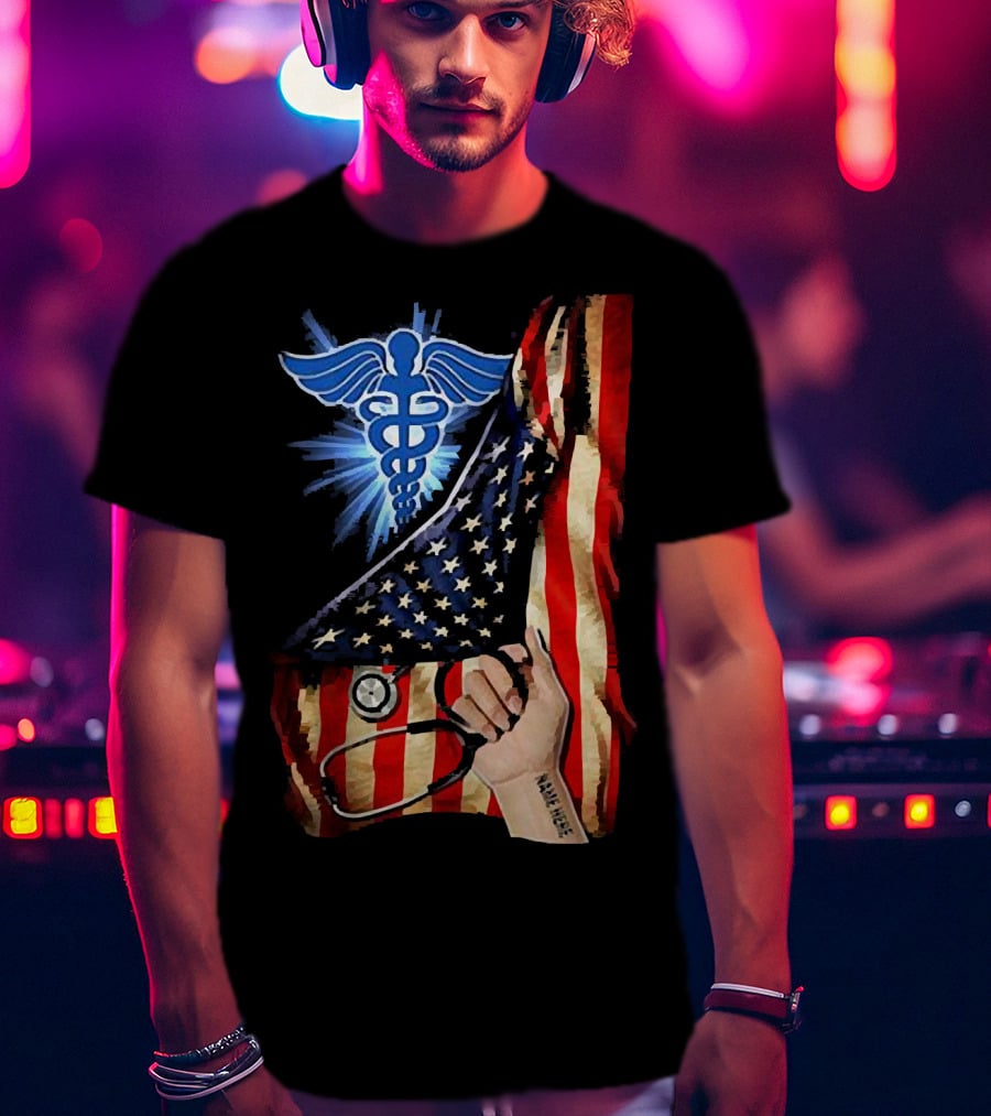 Nurse America Flag Caduceus Tattoo Stethoscope T-Shirt