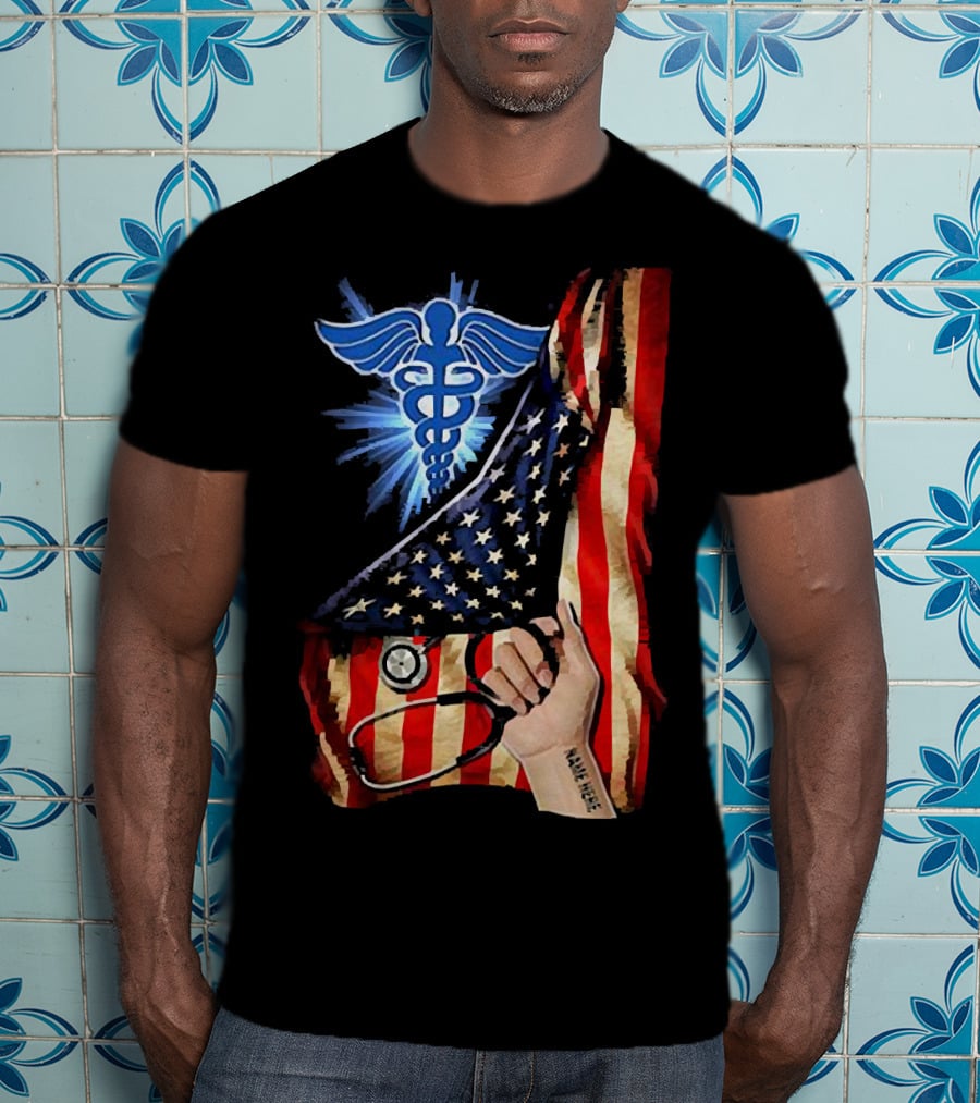 Nurse America Flag Caduceus Tattoo Stethoscope T-Shirt