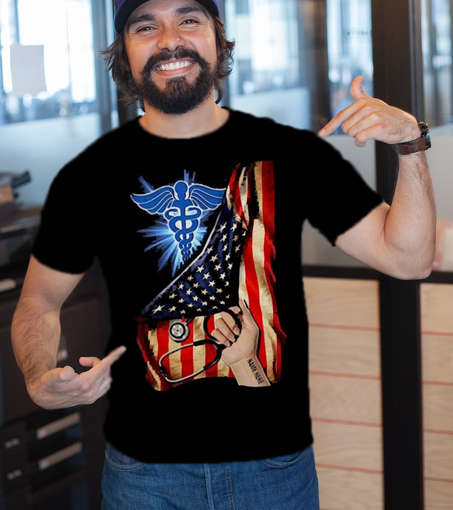 Nurse America Flag Caduceus Tattoo Stethoscope T-Shirt