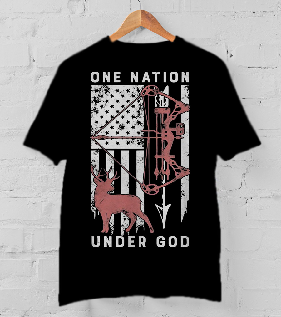 One Nation Under God American Flag Bow Hunter Veteran T-Shirt