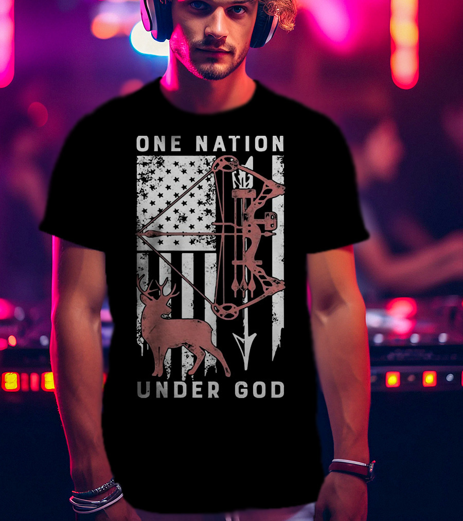 One Nation Under God American Flag Bow Hunter Veteran T-Shirt