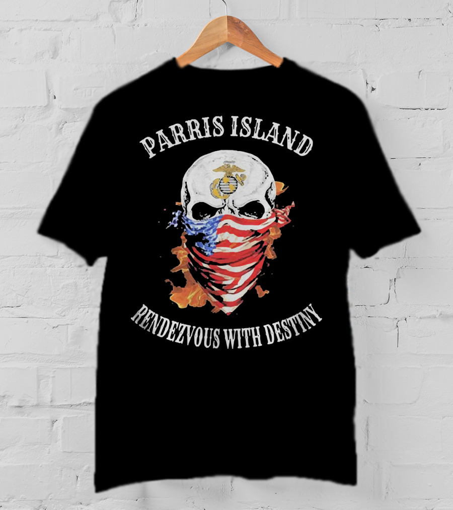 Parris Island Skull Mask Rendezvous With Destiny American Flag Flames T-Shirt