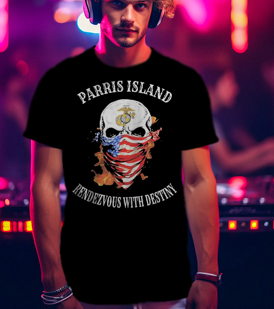 Parris Island Skull Mask Rendezvous With Destiny American Flag Flames T-Shirt