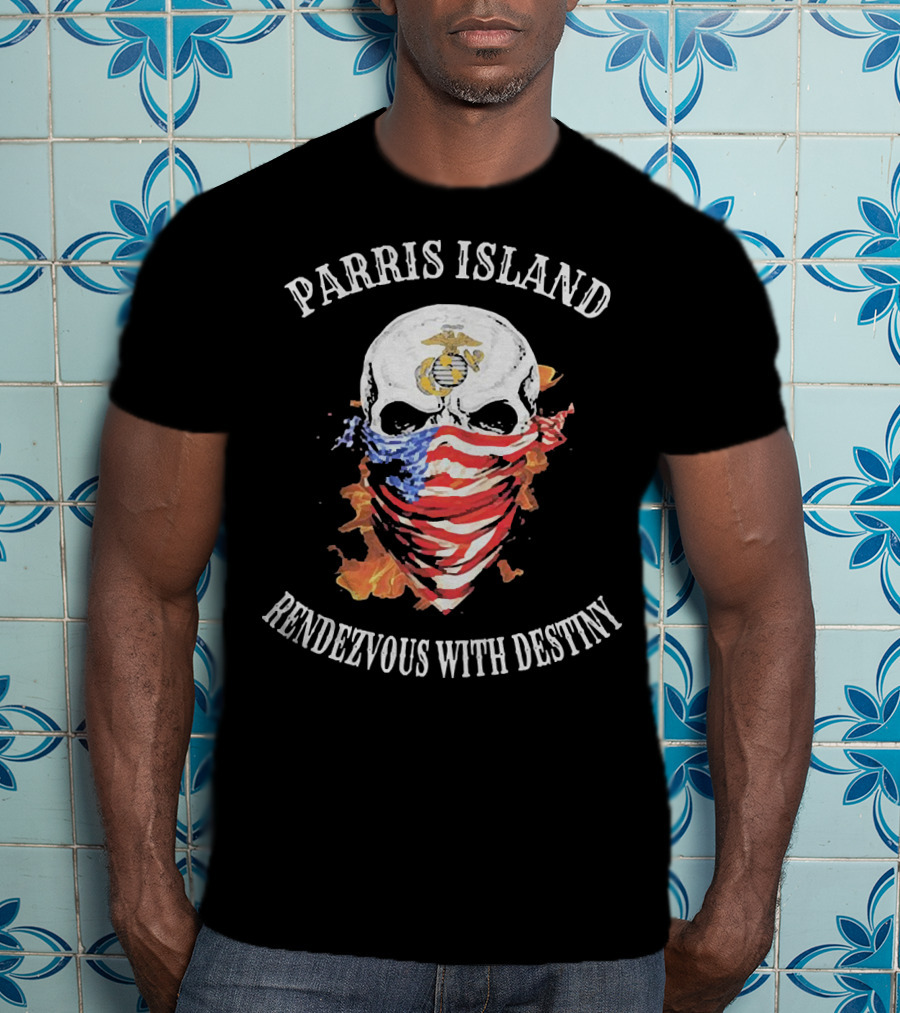Parris Island Skull Mask Rendezvous With Destiny American Flag Flames T-Shirt