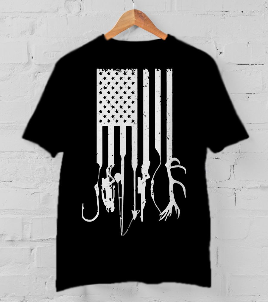 American Flag With Fishing Hooks And Hunting Gear T-Shirt