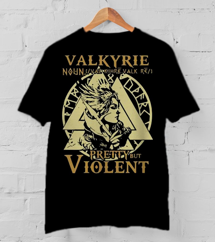 Valkyrie Noun Pretty But Violent With Norse Runes Background T-Shirt