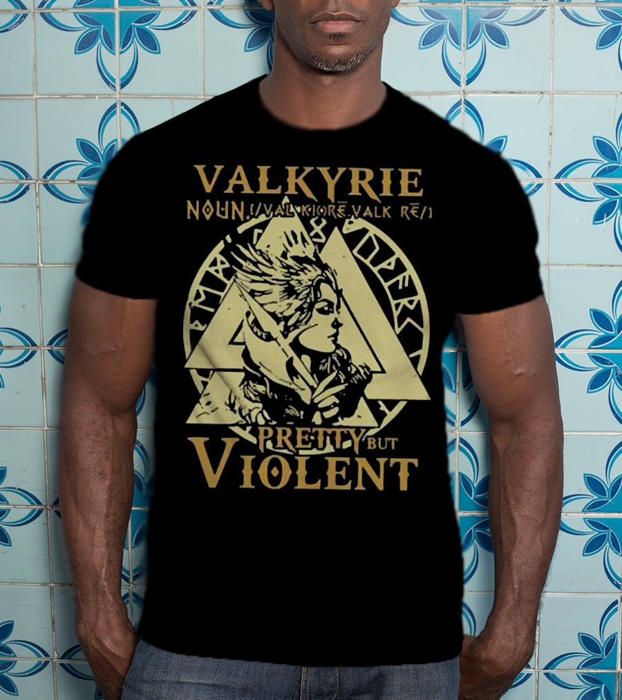 Valkyrie Noun Pretty But Violent With Norse Runes Background T-Shirt