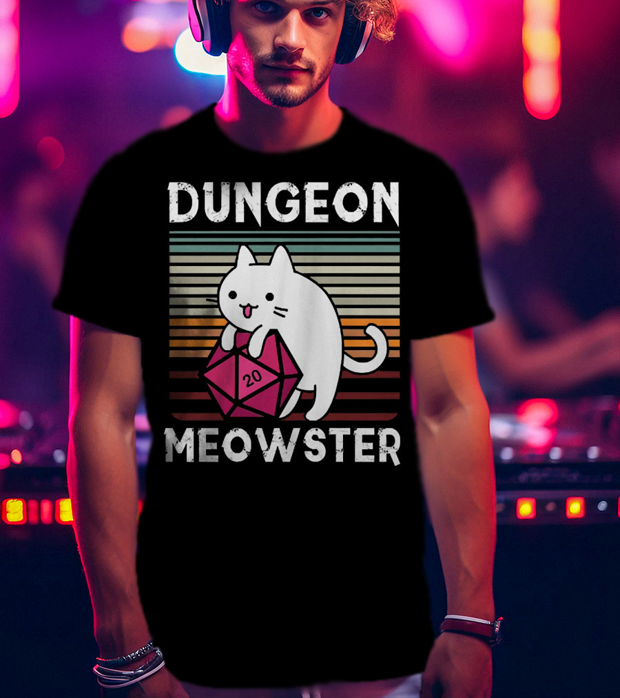 Dungeon Meowster Retro Vintage Cat Lover 20 Sided Dice T-Shirt