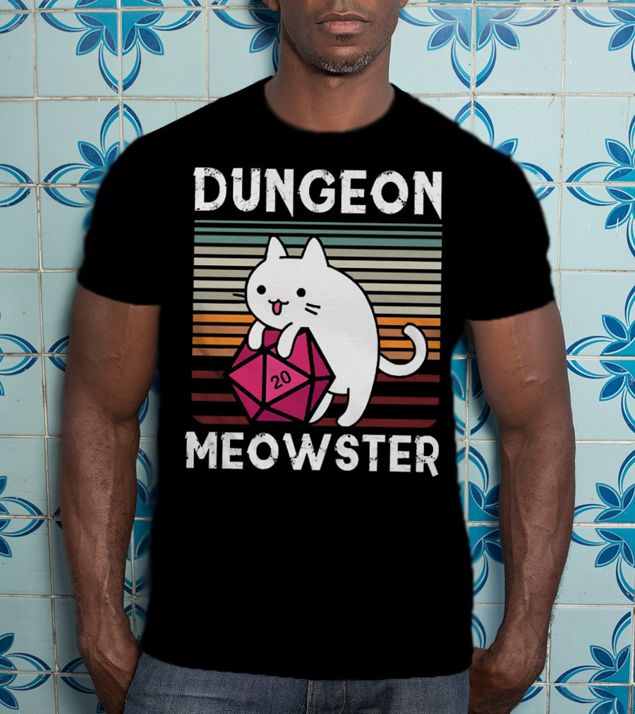 Dungeon Meowster Retro Vintage Cat Lover 20 Sided Dice T-Shirt
