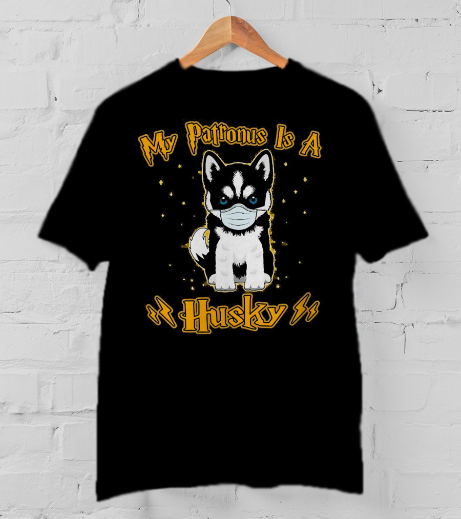 My Patronus Is A Husky Puppy Wearing Face Mask With Stars And Lightning T-Shirt