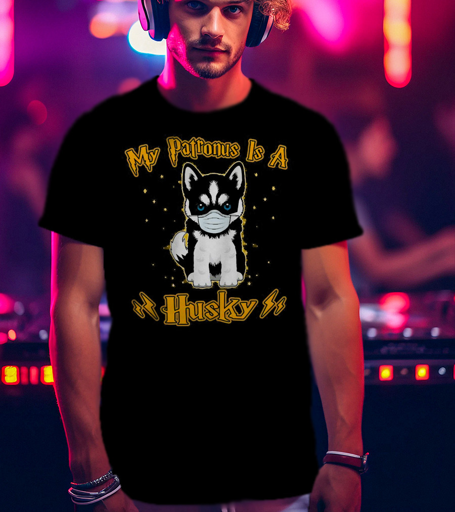My Patronus Is A Husky Puppy Wearing Face Mask With Stars And Lightning T-Shirt