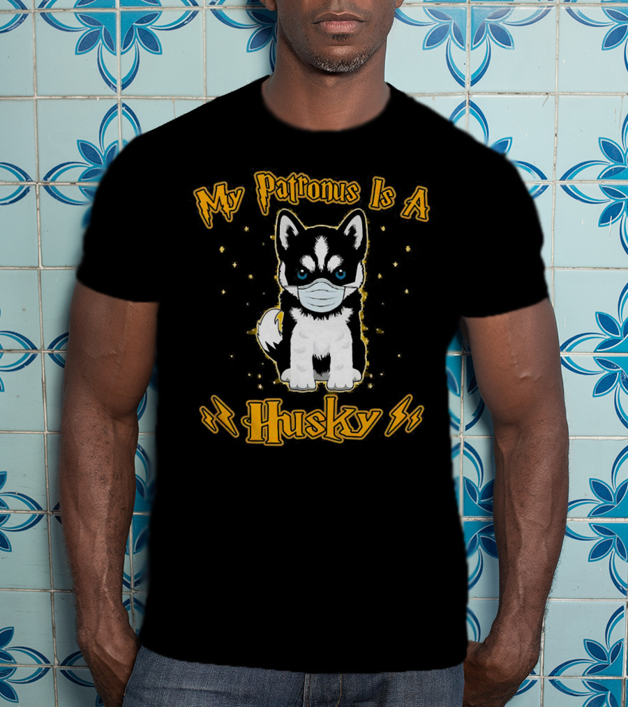 My Patronus Is A Husky Puppy Wearing Face Mask With Stars And Lightning T-Shirt