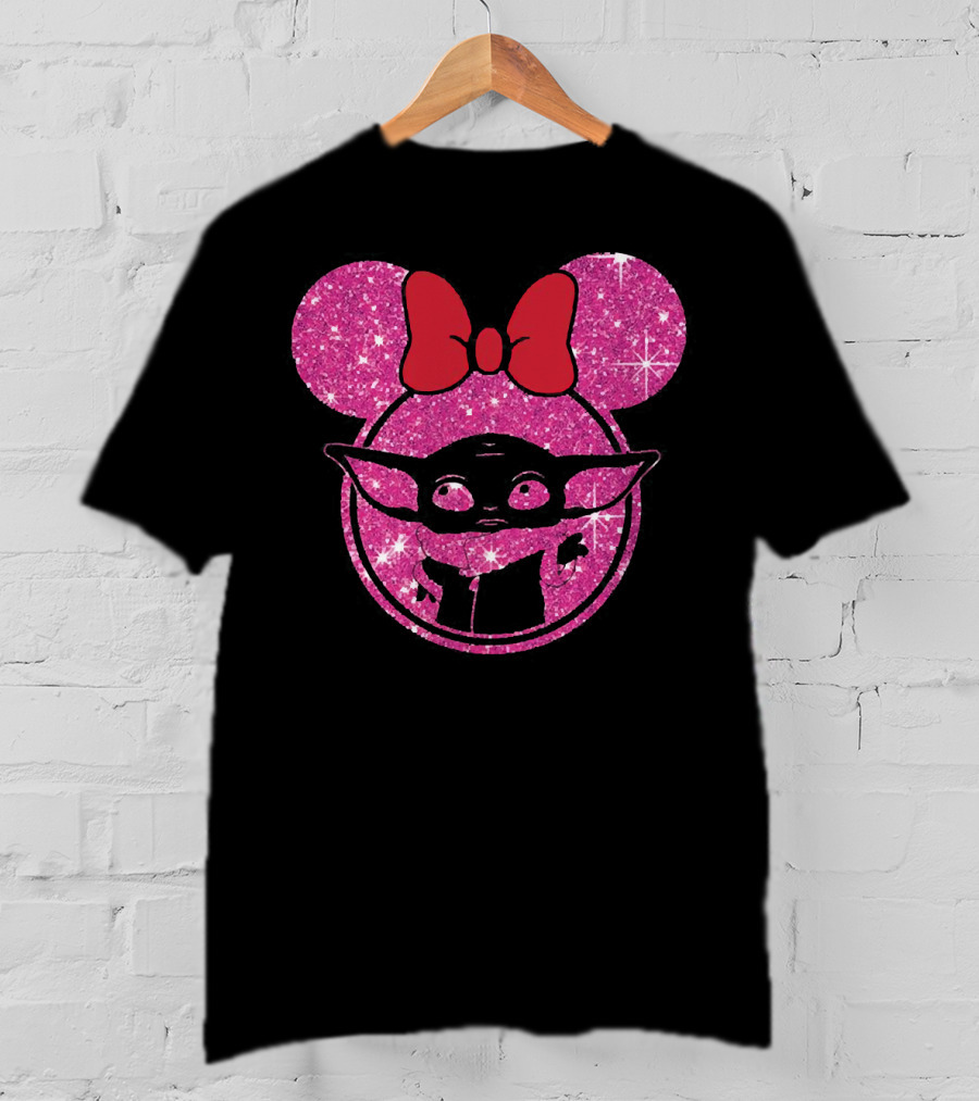 Baby Yoda Glitter Minnie Mouse Ears Red Bow T-Shirt