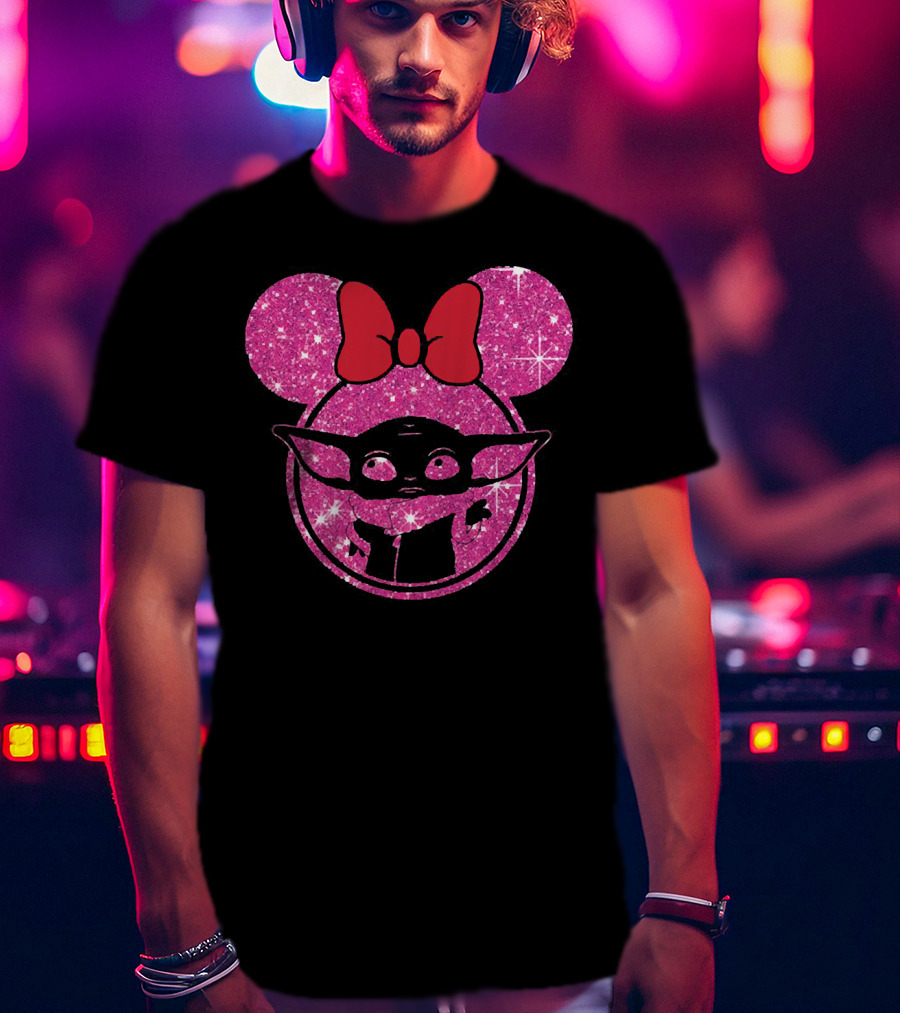 Baby Yoda Glitter Minnie Mouse Ears Red Bow T-Shirt