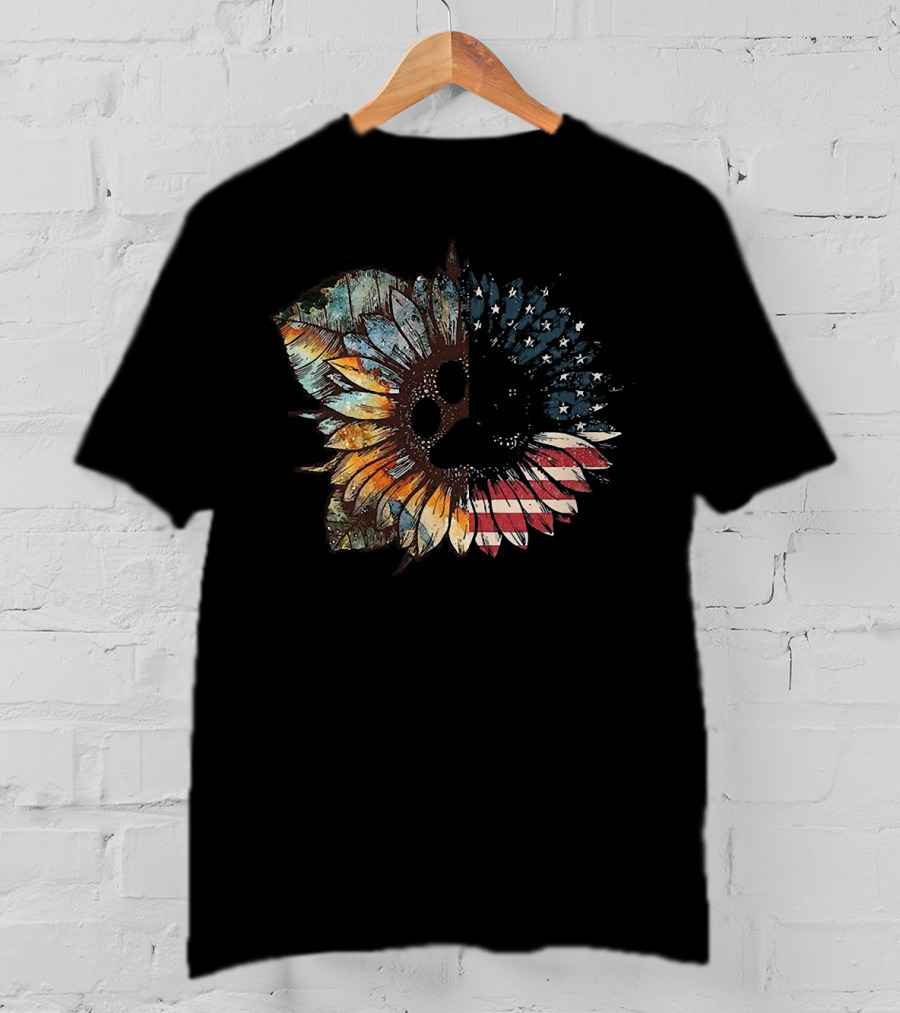 Great Vintage Sunflower American Flag Patriotic Floral T-Shirt
