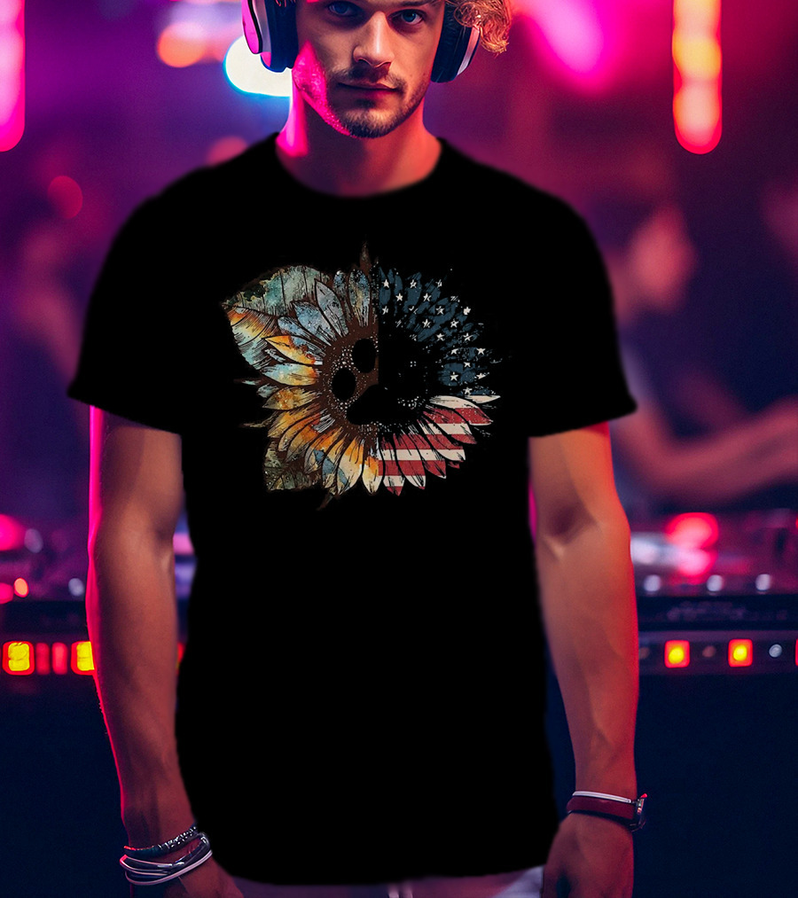 Great Vintage Sunflower American Flag Patriotic Floral T-Shirt