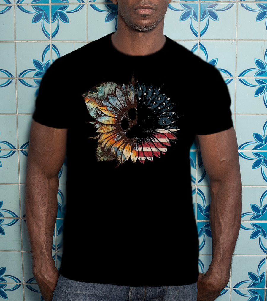 Great Vintage Sunflower American Flag Patriotic Floral T-Shirt