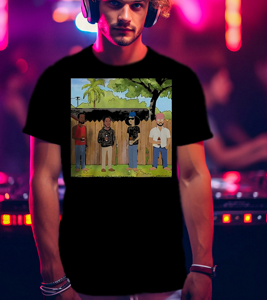 King Of The Hill Treatment With Four Men By Fence With Beverages And Trees T-Shirt