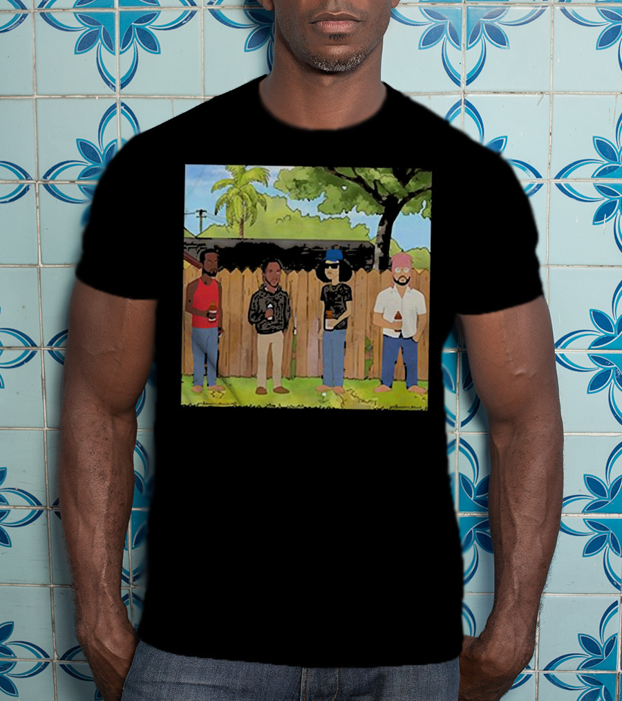 King Of The Hill Treatment With Four Men By Fence With Beverages And Trees T-Shirt