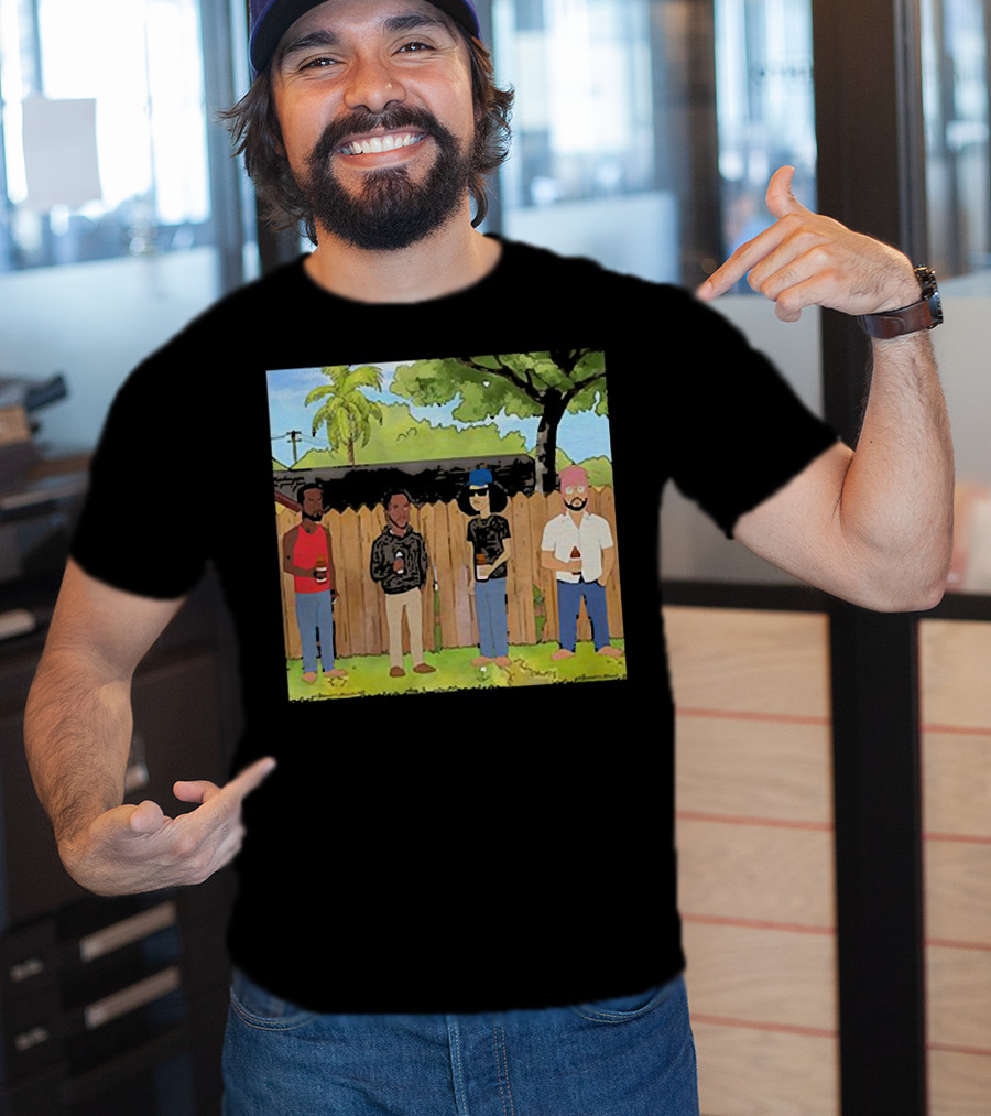 King Of The Hill Treatment With Four Men By Fence With Beverages And Trees T-Shirt
